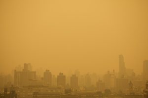 New York City covered in smoke from Canadian wildfires causing hazardous air quality.